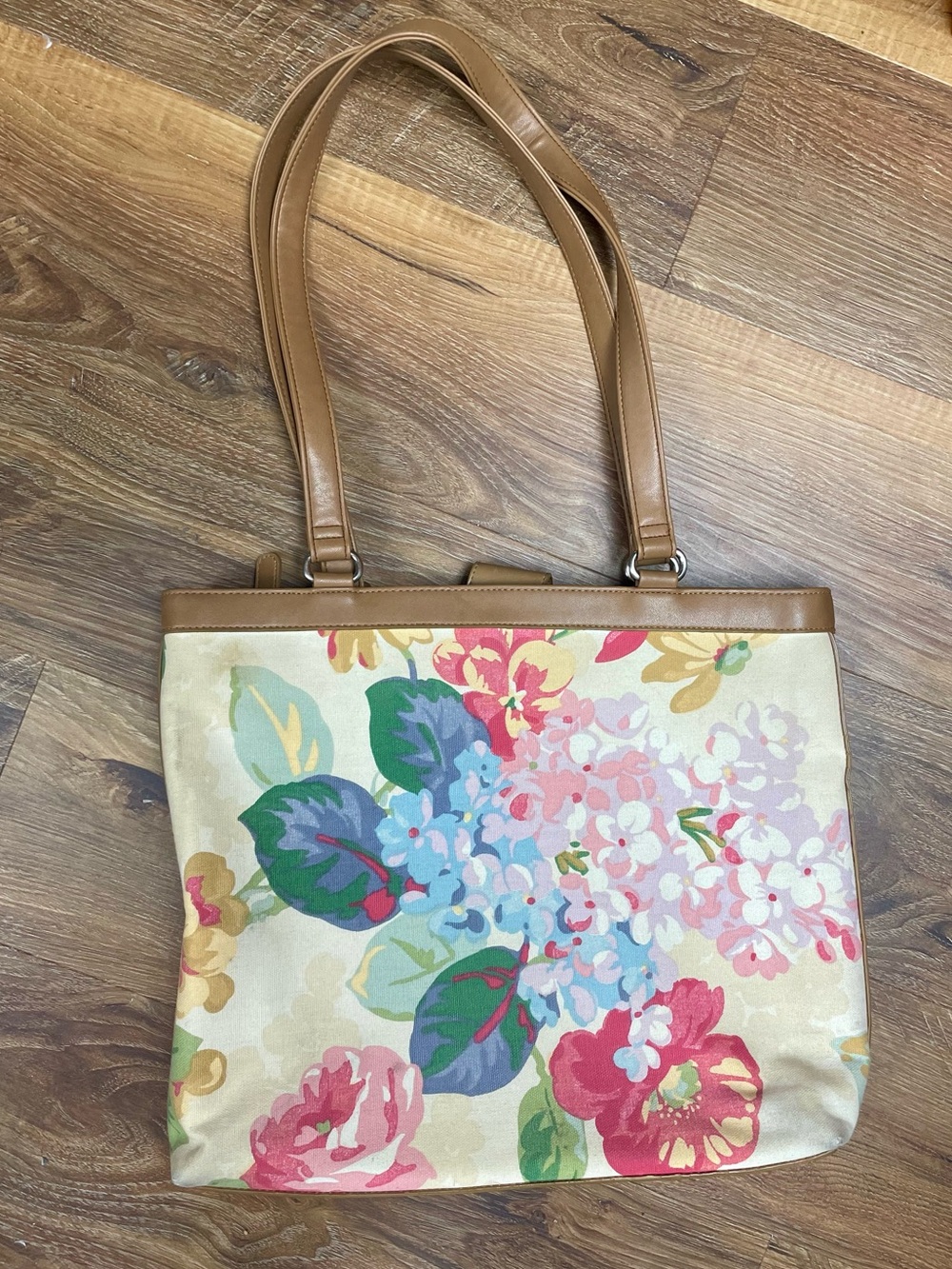 Vintage Fossil tan brown and floral canvas tote bag